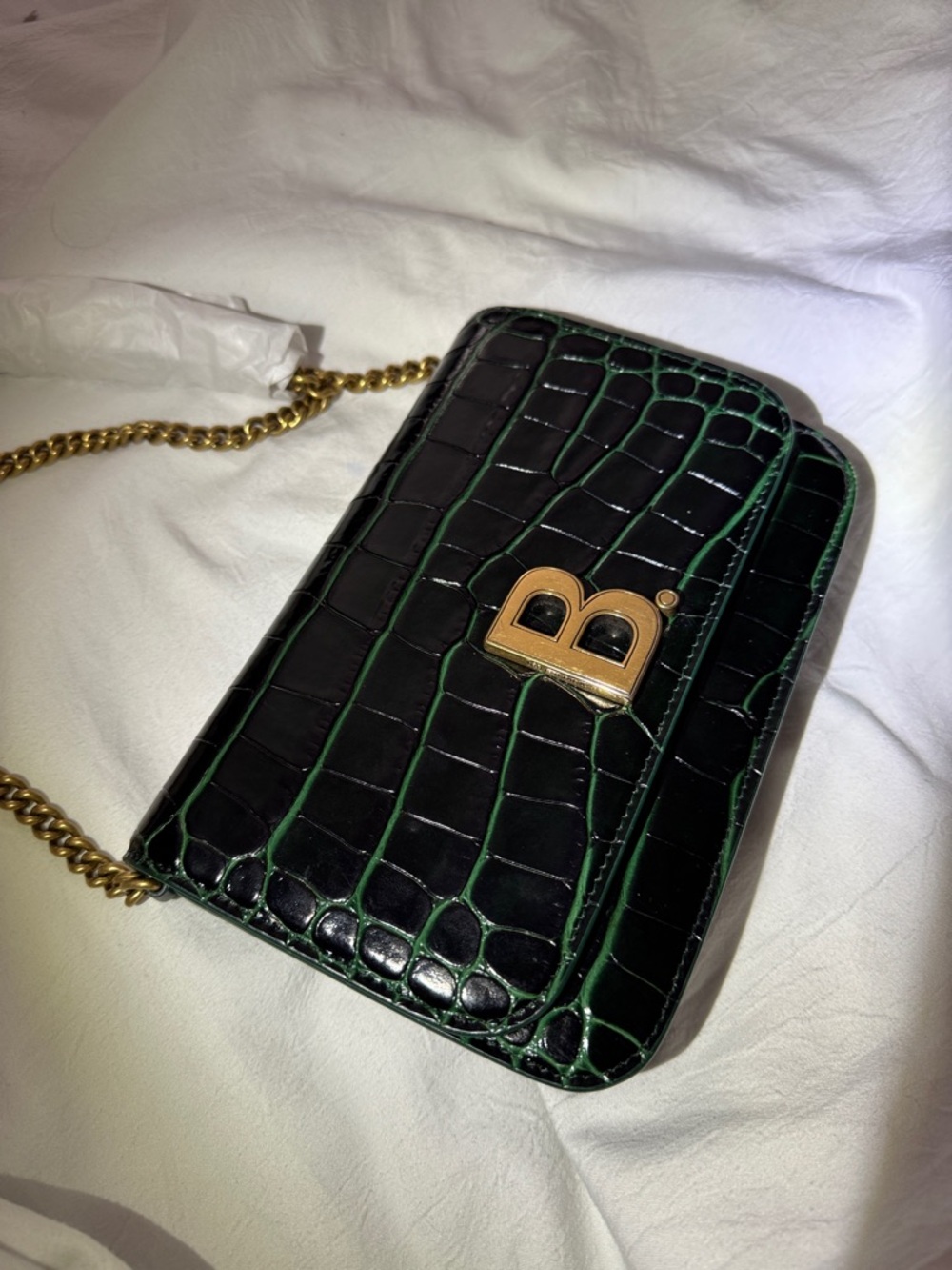 Balenciaga Green Croc-Embossed Chain crossbody Bag with Gold 'B' Accent